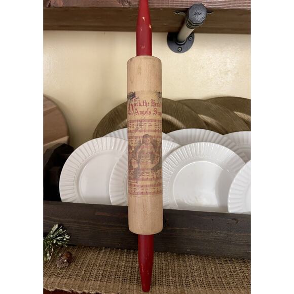 VTG Look Wood Rolling Pin Christmas Decor Red Handles Hark the Herald Farmhouse - Picture 8 of 9